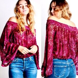 Free People Velvet Devore Sheer Burnout Off Shoulder Bohemian Witchy Top Small